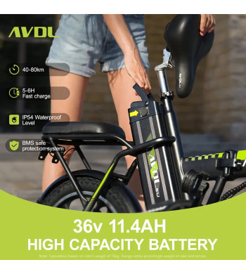 Bicicleta plegable eléctrica AVDLEU 16" - Autonomie 40-80km - Batería 36V 11.4Ah - 250W