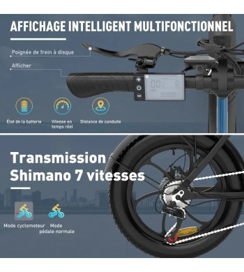 Bicicleta plegable eléctrica HITWAY 20" - Autonomie 35-90km - Batería 36V11,2Ah